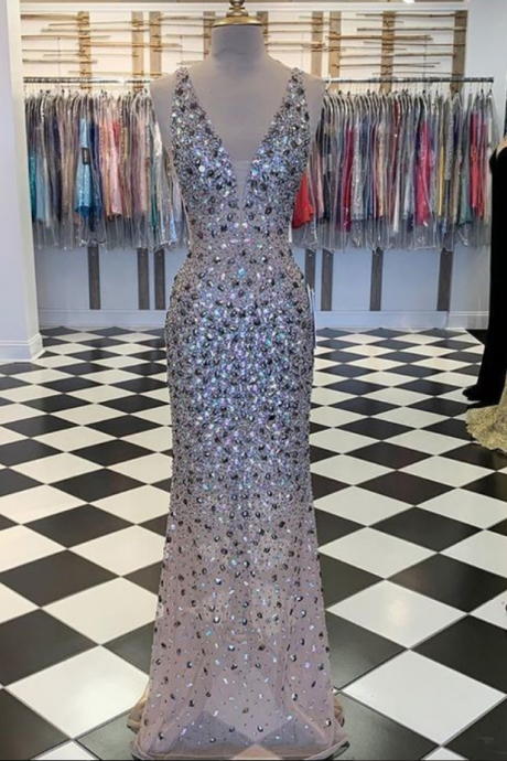 Elegant V-neck Multi-Color Beading Mermaid Prom Dress
