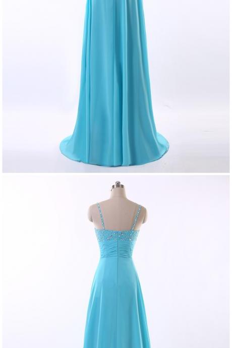 Blue Long Evening Dress Sexy Beaded A-line Colorful Chiffon Evening Gowns Women Formal Dresses