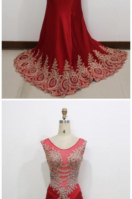Real Image/picture Mermaid Prom Dresses Red Sheer Neck Appliques Hollow Back Long Formal Evening Party Gowns