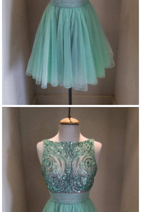 Green Tulle Homecoming Dresses, Rhinestone Prom Dresses, Beading Party Dresses, Cute Prom Dresses, Short Homecoming Dresses