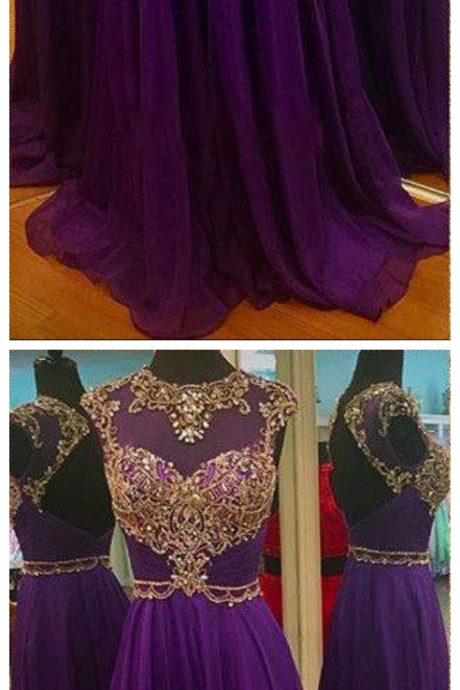 Long Purple Prom Dresses, Beaded Backless Prom Dress, Purple Chiffon Prom Dress