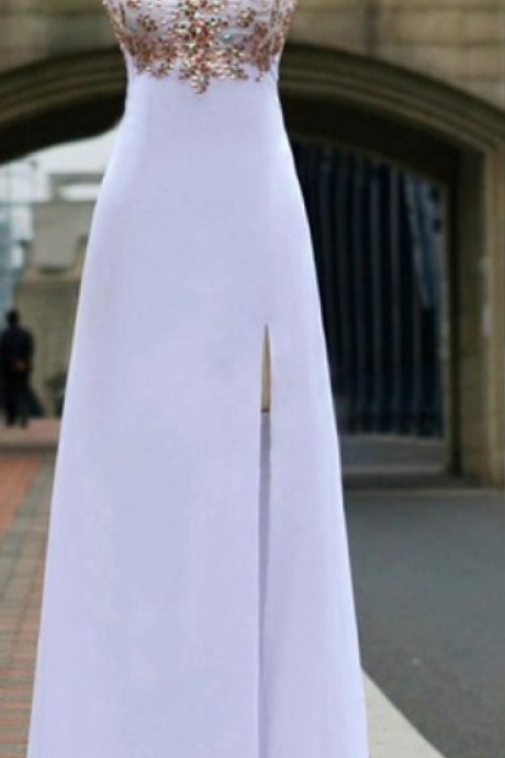 Sexy White Chiffon Floor Length Evening Dresses Beaded Rhinestones Top Split Prom Gowns Prom Dress