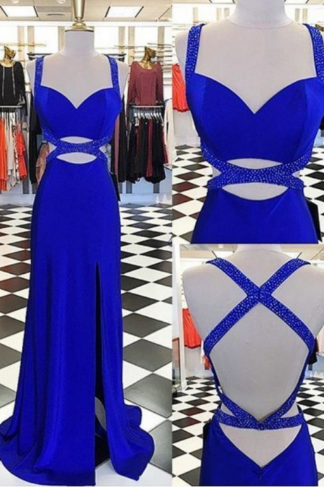 Sexy Straps Floor-Length Split Front Criss-Cross Straps Royal Blue Sheath Prom Dress