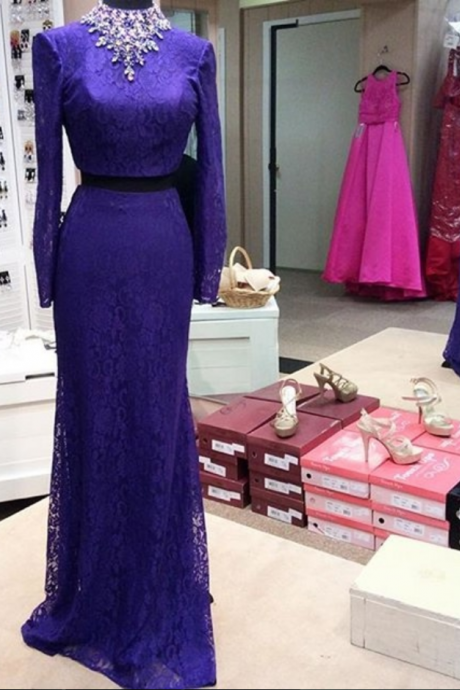 Custom Made Purple Prom Dress,Two Pieces Evening Dress,Beaded Party Gown,Long Sleeves Pegeant Dress, High Quality