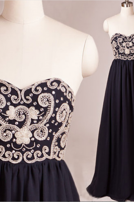 Custom Made Navy Blue Chiffon Floor Length Prom Dress Featuring Embroidered Sweetheart Bodice,high Quality