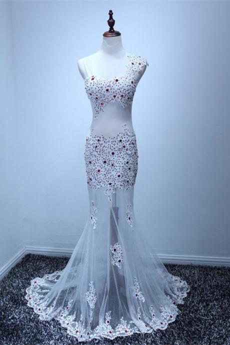 Custom Made White Prom Dress,sexy See Through Evening Dress,mermaid Beaded Party Dress,high Quality