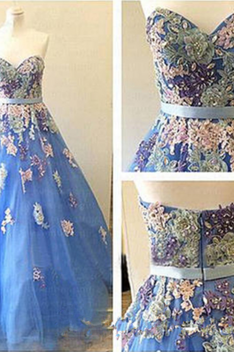 Ustom Made Blue Prom Dress,sexy Sweetheart Evening Dress,appliques Party Dress ,floor Length Prom Dress,high Quality