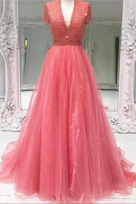 2018 Coral A-line Prom Dress, Sexy Prom Dresses, Tulle Evening Dress, Deep V-neck Long Prom Dresses Formal Dress