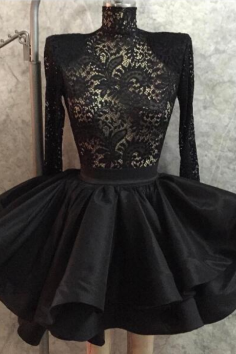 Mini Short Prom Dress, Black Prom Dresses,Long Sleeves Lace Prom Dresses Formal Dress