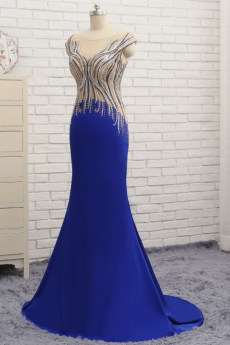 Royal Blue Cap Sleeve Embroidery Long Elegant Prom Dresses Mermaid Crystal Vestidos De Festa Noite Sheer Top Long Party Dress