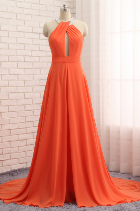 Orange Hijab Evening Dresses With Hole On The Chest Halter Sleeveless Chiffon Vestido De Festa Longo A Line Abendkleider