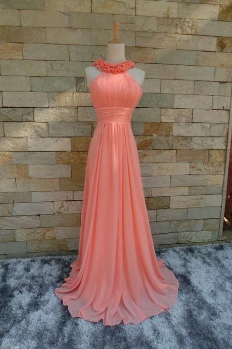 Real Picture Flower Pleat Chiffon Sexy And Cute Pink A-line Long Evening Dresses Prom Dresses 2018
