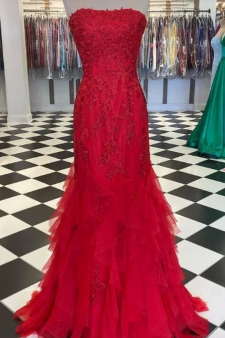 Strapless Long Prom Dress With Appliques And Beading ,school Dance Dresses ,fashion Winter Formal Dress