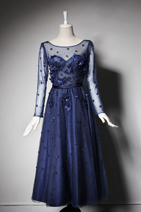 Exquisite Scoop A-line Tea Length Tulle Dark Navy Prom Dress With Long Sleeves