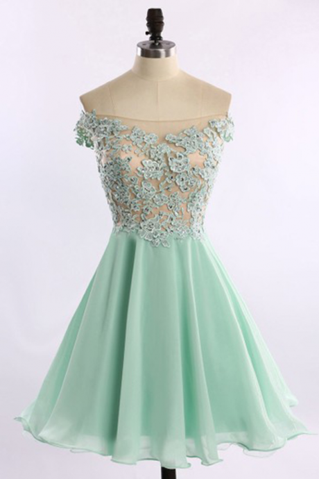 Stylish Off-the-shoulder Cap Sleeves Illusion Back Short Mint Homecoming Dress With Appliques Beading