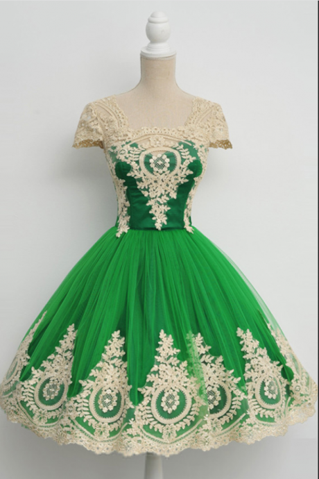 Mini Short Prom Dress Party Dress Cap Sleeves Square Knee-length Green Homecoming Dress With Lace