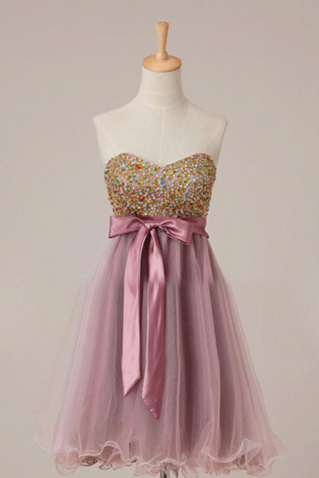 Mini Short Prom Dress Party Dress Exquisite A-line Sweetheart Knee Length Tulle Homecoming Dress With Sequins Sash