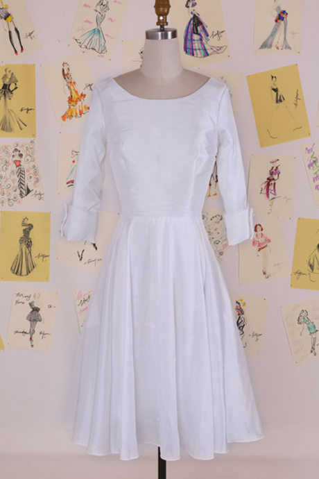 Simple Cowl Tea-length White Backless Prom Dress With Long Sleeves