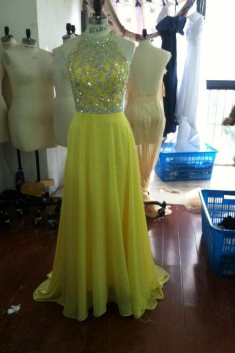 Beautiful Real Photos A Line Prom Dress 2016 Beads Crystal Long Daffodil Yellow Chiffon Evening Dress Vestidos De Festa