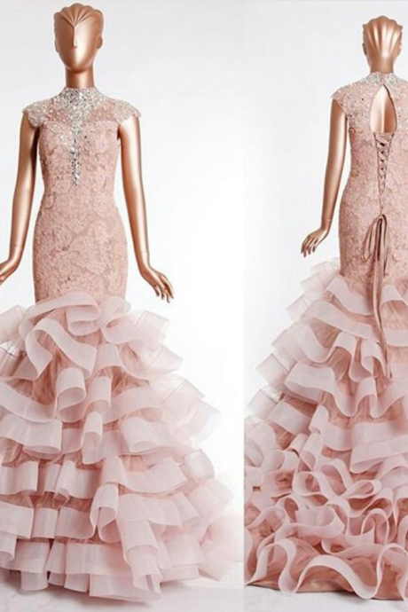 Pink Lace Evening Dress, Tiered Evening Dress, Rhinestones Mermaid Evening Dress, Cap Sleeve Evening Dress