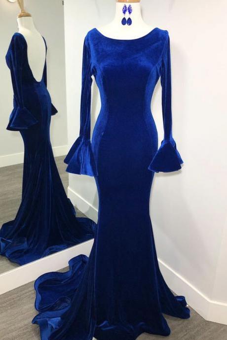 Ruched Long Sleeves Velvet Evening Dresses 2019,royal Blue Mermaid Evening Party Dresses,backless Formal Dresses