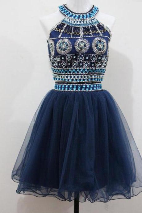 Two Piece Homecoming Dresses,crystal Beaded Sequined Short Prom Dress,gorgeous O-neck Party Dress Short