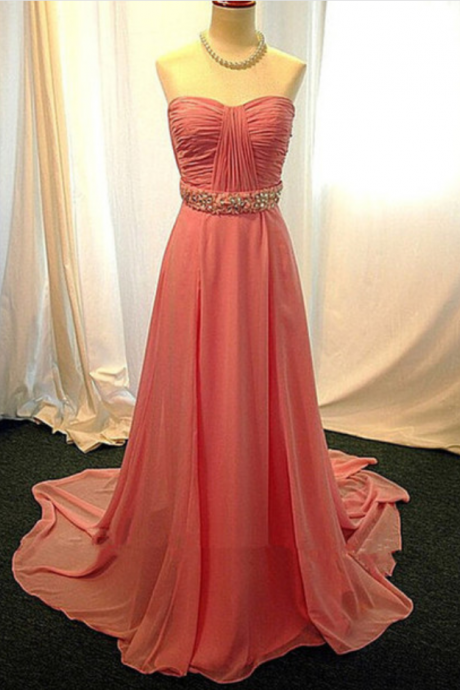 Pink Sweetheart Neckline Beaded A-line Chiffon Prom Dress, Evening Dress, Formal Dress
