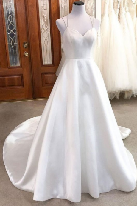 Simple V Neck Satin Long Wedding Dress Bridal Dress