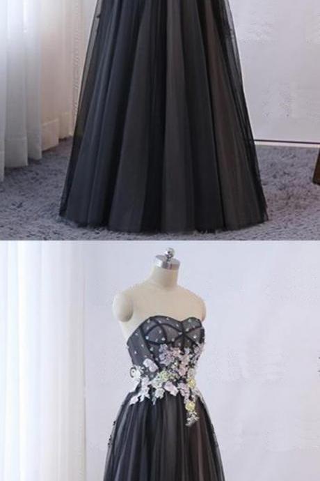 Black Tulle Custom Strapless Long Lace Applique Evening Dress, Lace Up Formal Dress