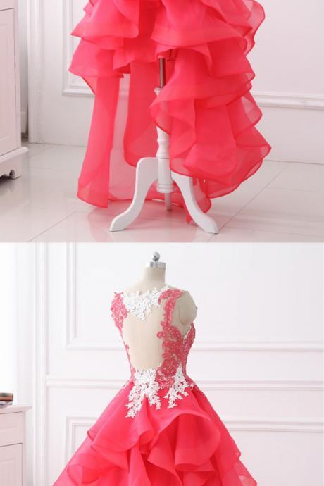 Coral Lace Layered High Low Homecoming Dress, Lace Party Dress