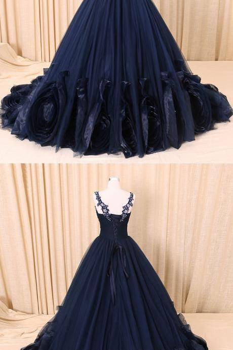 Navy Blue Tulle V Neck Long Lace Applique Formal Prom Dress, Evening Dress
