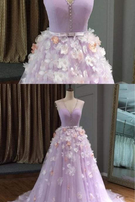Lavender Tulle V Neck Long 3d Flower Lace Long Evening Dress