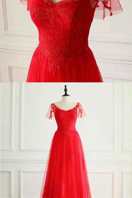 Design Red Lace V Neck Long Formal Prom Dress With Cap Sleeve