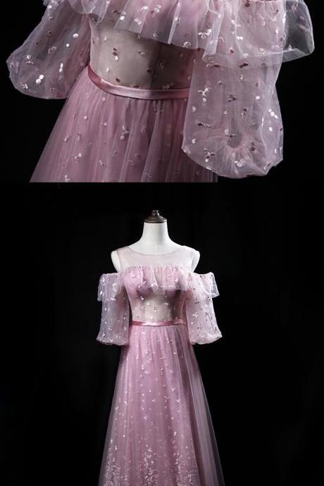 Pink Lace Off Shoulder Long Mid Sleeve Prom Dress, Pink Long Evening Dress With Sash