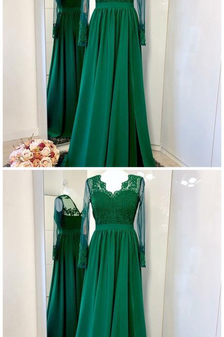 A-line Floor-length Green Long Sleeves Prom Dress With Appliques