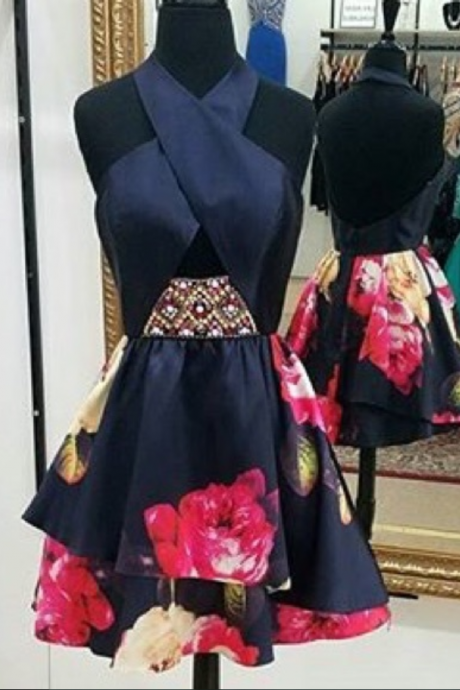 Navy Blue Mini Short Prom Dresses Halter Sleeveless Beading Crystals Print Floral Cocktai Dress Homecoming Gowns