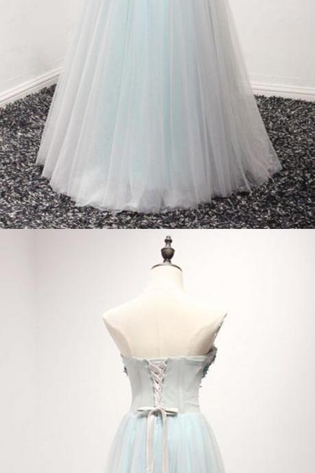 Sweetheart Baby Blue Tulle Long A-line Prom Dress, Long Evening Dresses