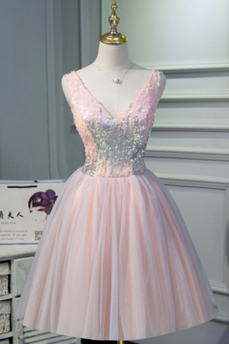 Pink Tulle V Neck Short A-line Prom Dress, Spring Sequins Short Party Dress