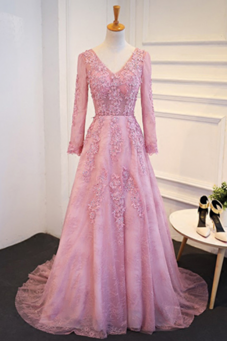 Pink Lace V Neck Long Senior Prom Dress With Sleeves, Long Appliqués Prom Dress