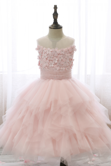 Flower Girl Dresses, Puffy Yarn Princess Dress Wedding Flower Girl Birthday Pink Cake Dress Children Appliqued Sleeveless Dress Elegant Girl