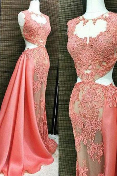 Coral Lace Beaded See Through Long A-line Satin Long Prom Dresses