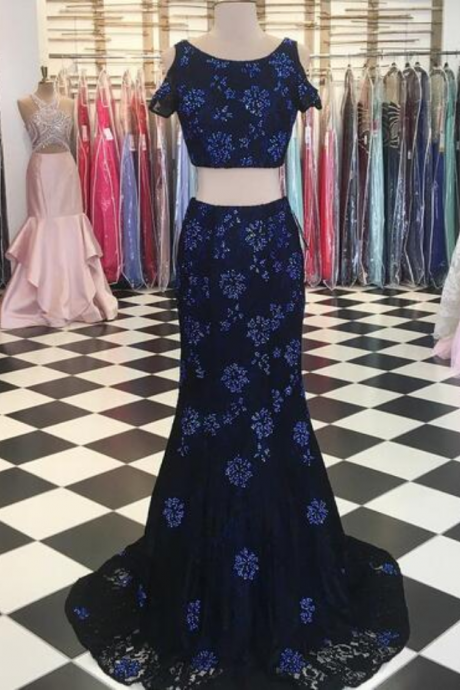2020 Two Pieces Mermaid Lace Prom Dresses Off The Shoulder Evening Dress Formal Gowns Vestidos