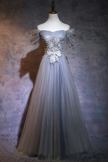 A-line tulle lace applique long prom dress, gray bridesmaid dress