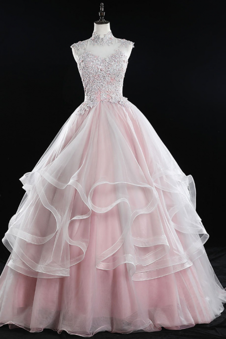 Tulle Lace Long Sweet 16 Dress Tulle Lace Pink Prom Dress