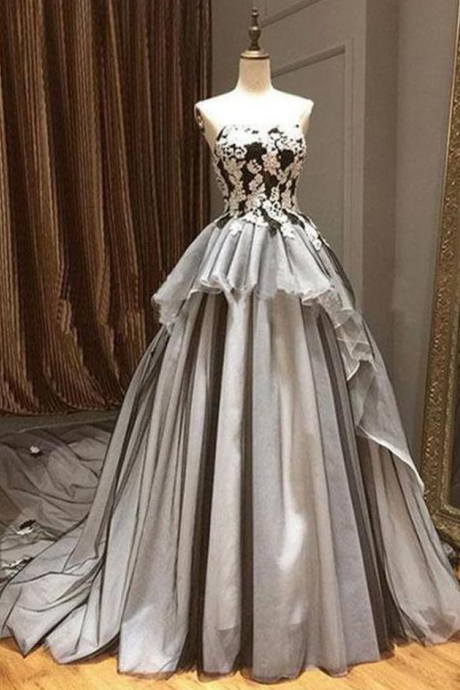 Strapless Ball Gown Lace Appliques Chapel Train Prom Dresses Evening Dress