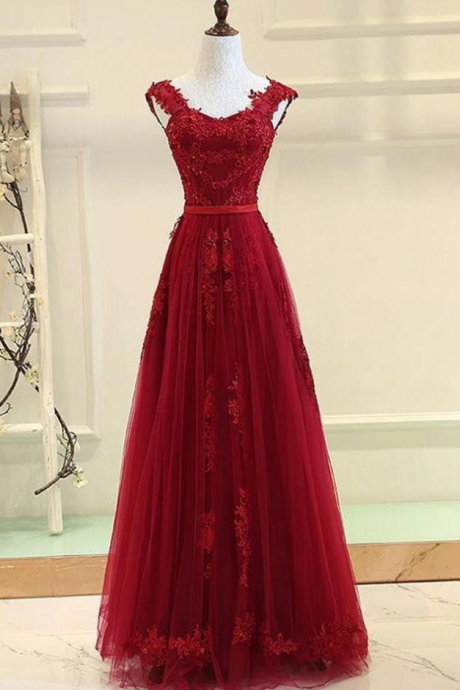 Stunning Burgundy Lace Appliques Long Prom Dresses Formal A Line Evening Dress Party Gowns