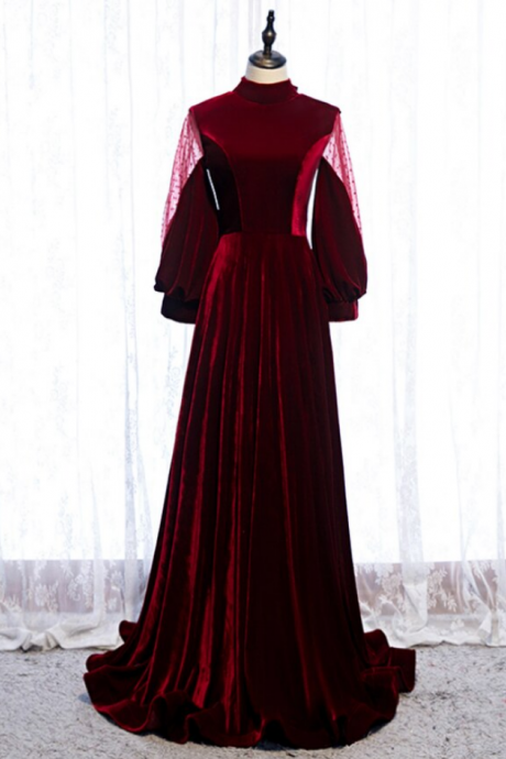 Dark Burgundy Velvet High Neck Long Sleeve Prom Dress With Bow