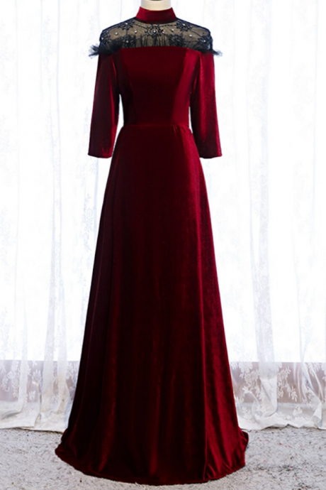 A-line Dark Burgundy Velvet High Neck Short Sleeve Prom Dress
