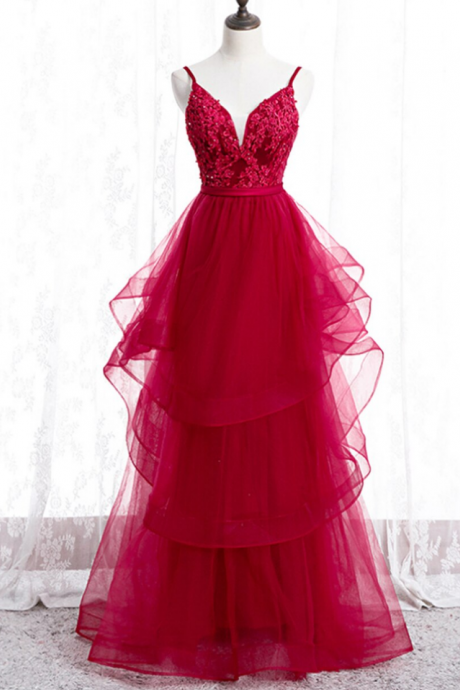 Tulle Spagehtti Straps Appliques Beading Prom Dress