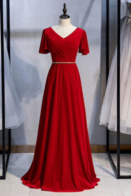 V Neck Short Sleeves Beading Velvet Log Red Prom Dress